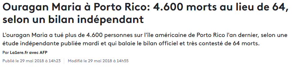 Le 29 Mai 2018 - A l'inverse, une étude indépendante établit à 4600 le nombre de morts provoqués par Maria à Porto Rico contre l'évaluation d'origine à 64