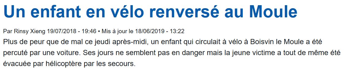 19 Juillet 2018 - Un enfant à vélo renversé par ue voiture au Moule. Il a été emmené à l'hopital par hélicoptère.