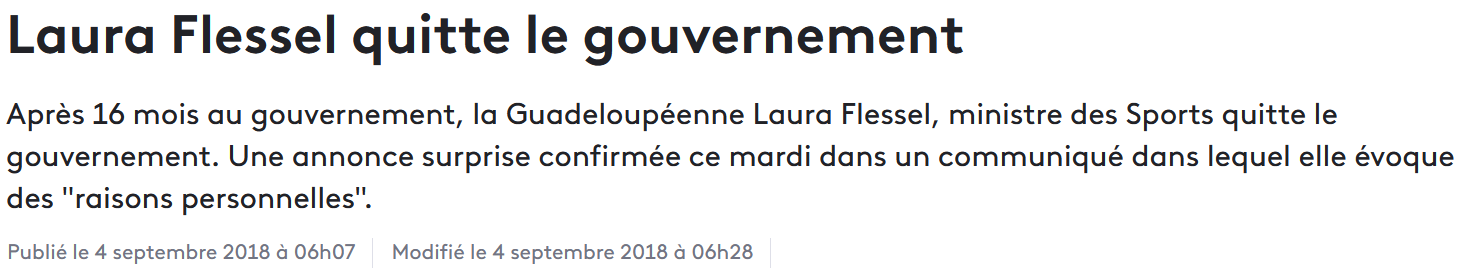 4 Septembre 2018 - Laura Flessel démissionne du poste de Ministre des Sports.