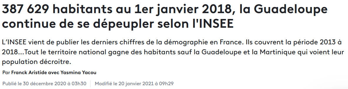 28 Décembre 2018 - Selon l'Insee, Guadeloupe et Martinique connaissent une baisse de la population depuis plusieurs années. Elles seraient les seules régions françaises dans ce cas.