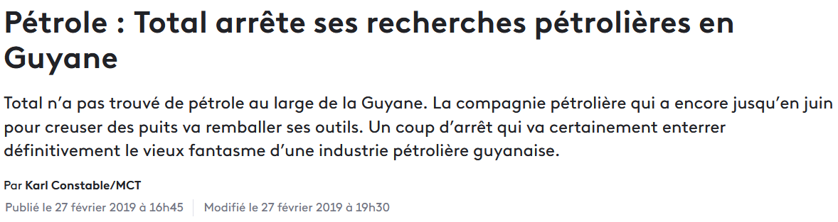 27 Février 2019 - Total abandonne ses recherches de pétrole au large de la Guyane.
