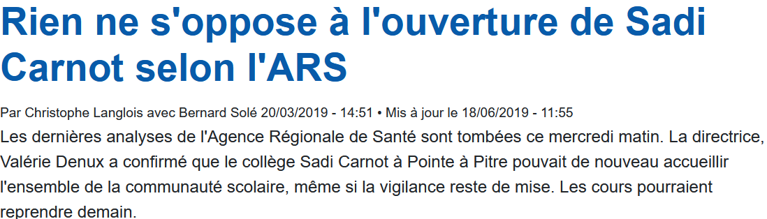 20 Mars 2019 - Après fermeture à cause de problèmes de santé causés par des produits contre les moustiques, le collège Sadi Carnot réouvre..