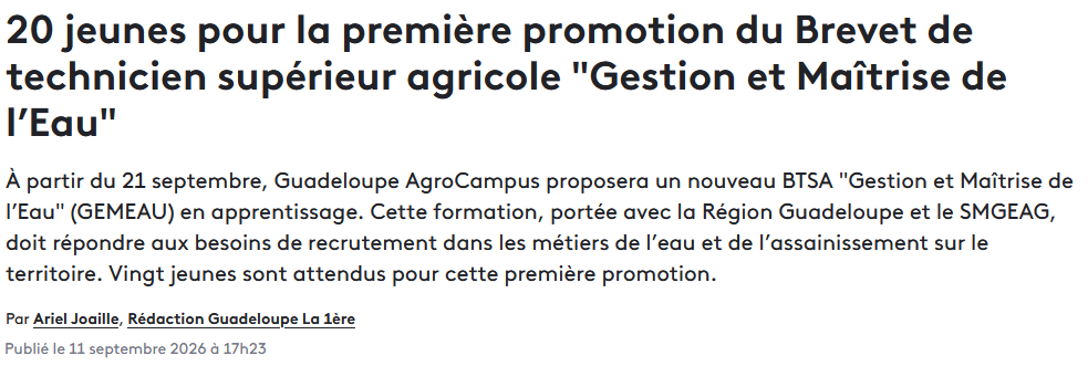 21 Septembre 2026 - Une nouvelle formation sera mise en place pour des techniciens supérieurs des métiers de l'eau avec accompagnement de la région et du SMGEAG.